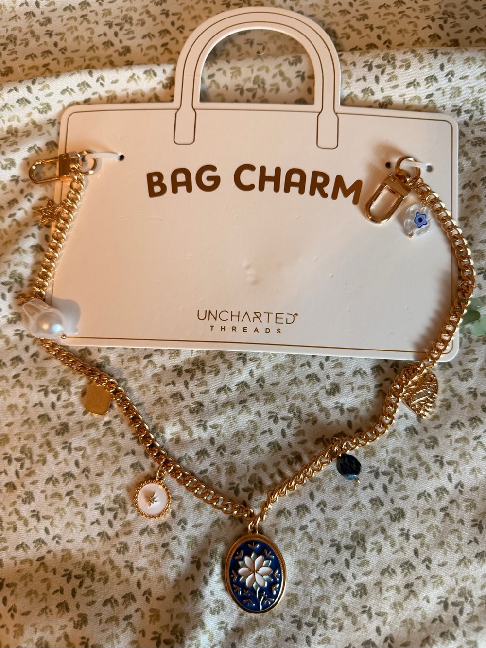 Gold Floral bag Charm Chain in Blue and White by Uncharted Threads
